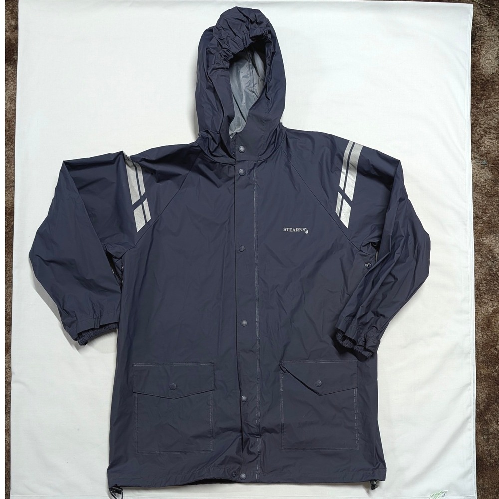 Stearns DryWear Rain Jacket Navy Blue Reflective Hooded Waterproof Mens XL